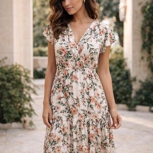 Spense Pink Floral Designed Tiered Wrap Midi Maxi Dress sz LG